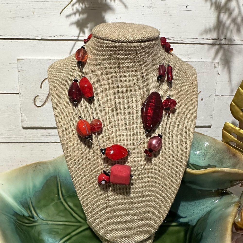 Chicos Red Artisan Lampwork Glass Bead Illusion Necklace